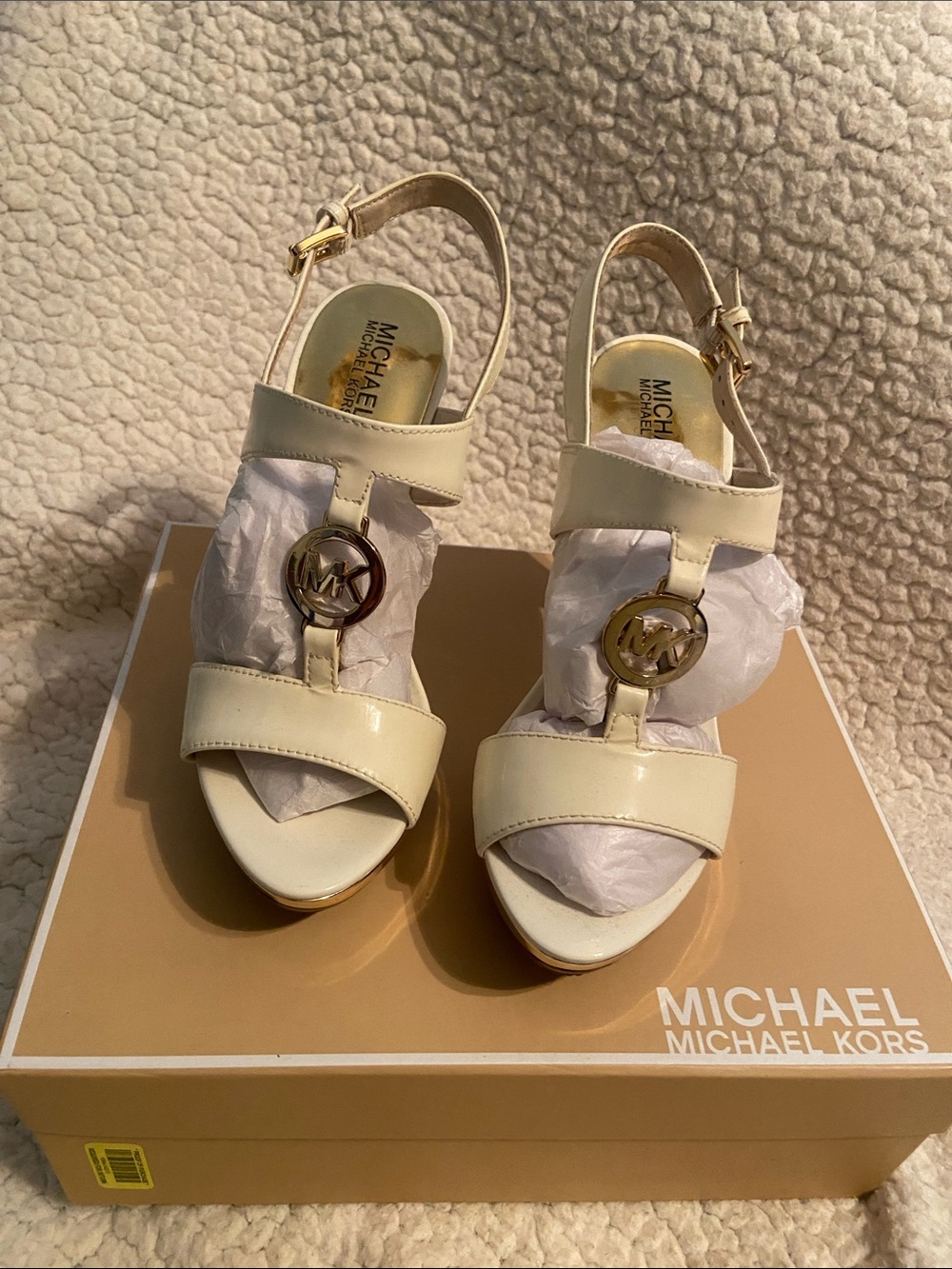 Michael Kors Cream Leather Logo Slingback Heels with Gold Accents